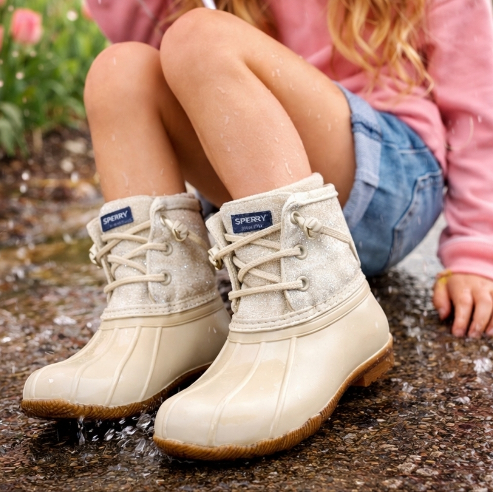 Sperry Kids Cream Glitter Duck Boots Size 10 Waterproof Rain Snow